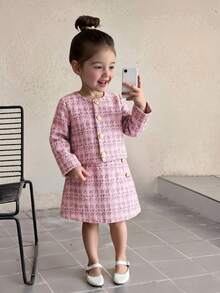 SHEIN Firerie Kids 少女都市時尚格紋長袖夾克與裙子套裝 - 粉色 - 查看 6