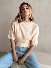 Privoire Fashion Slim Fit Ribbed Crew Neck Women's Knit Sweater - Apricot - View 5