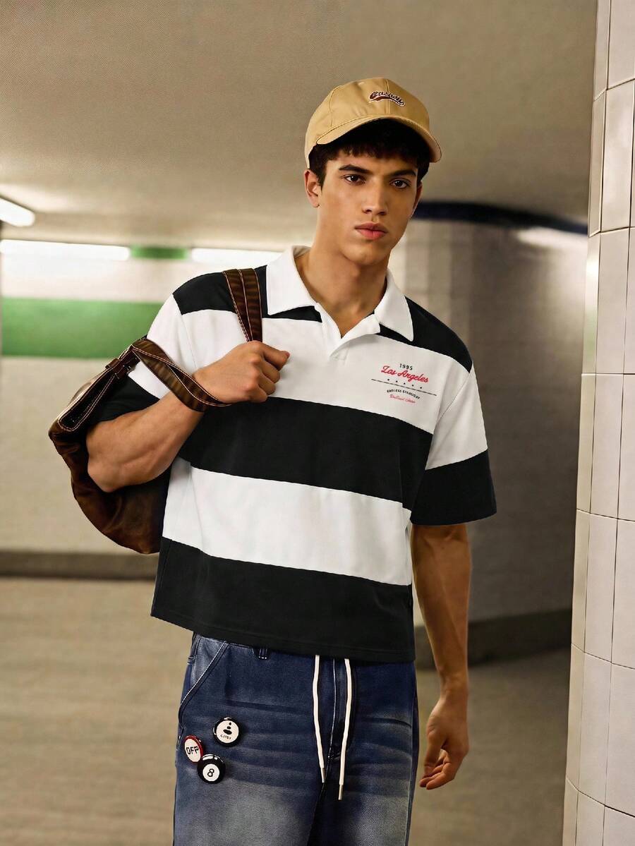 SWAVVY Men's Summer Casual Loose Fit Polo Shirt, Standard Size, Black & White Color Block With Rubber Print - Black and White - View 1