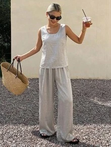 DAZY 春夏无袖宽松上衣搭配直筒休闲裤套装，优雅女士办公/商务/休闲/海滩/度假装 - 灰色 - 查看 1