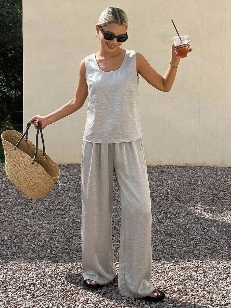 DAZY 春夏无袖宽松上衣搭配直筒休闲裤套装，优雅女士办公/商务/休闲/海滩/度假装 - 灰色 - 查看 1