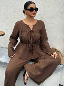 Dazy Plus Brown Lace-Up Waist Top And Wide Leg Pants Casual Long Sleeve Two Pieces Set For Spring, Summer And Early Autumn - Brown - View 4