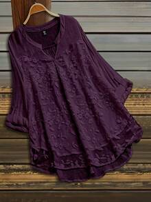 SHEIN LUNE 大尺碼女款刺繡缺口V領捲袖休閒襯衫 - 紫色 - 查看 1
