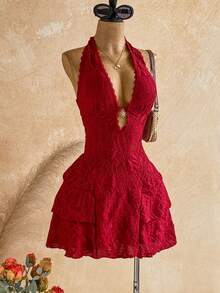 Soleia Women's Vacation Vintage Sexy Energetic Textured Metal Sun Decoration Halter Neck Tie Multi-Layer Ruffle Dress Club Night Red Summer - Burgundy - View 6