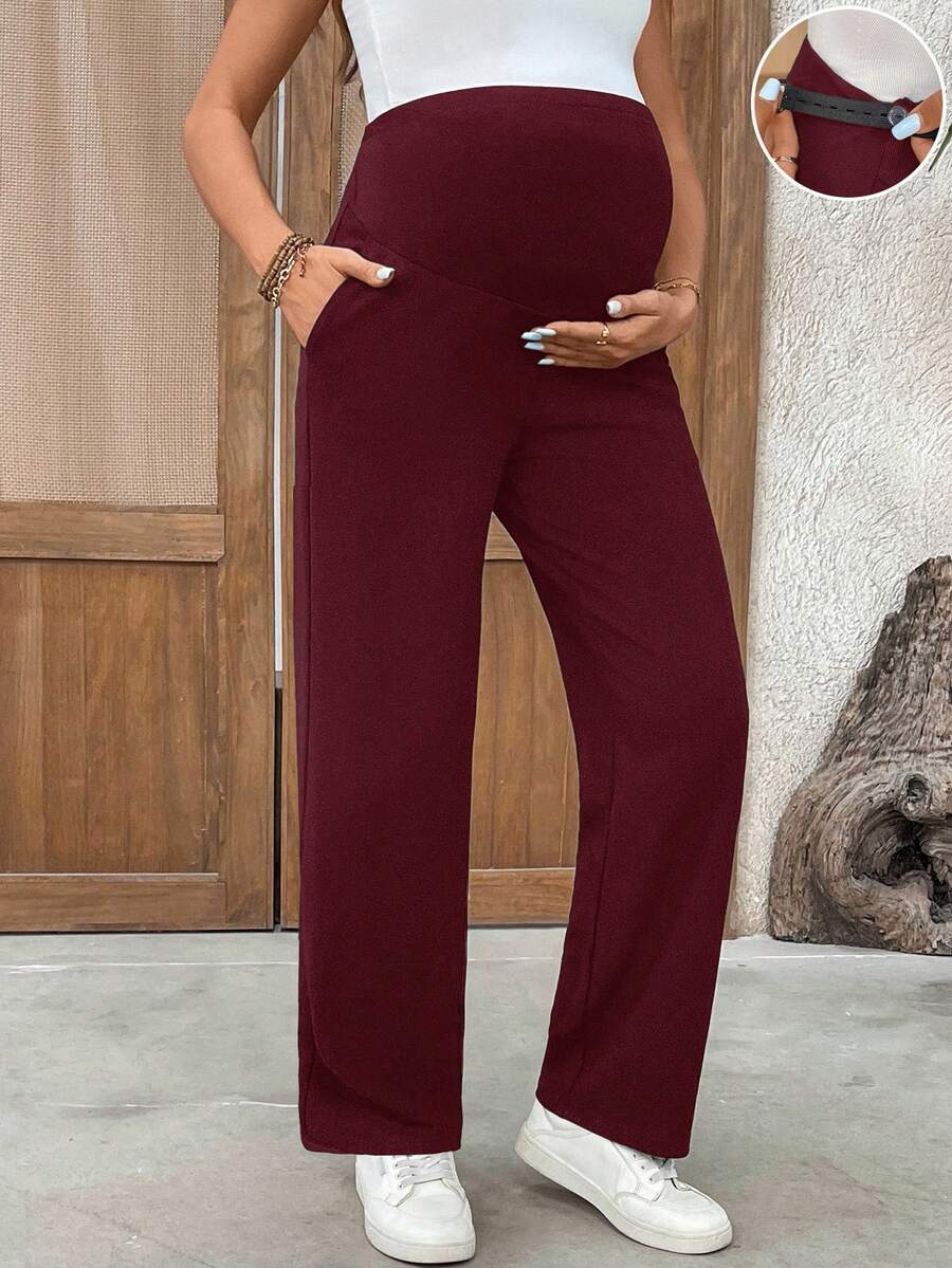 SHEIN 孕婦純色可調腰圍休閒長褲 - 酒紅色 - 查看 1