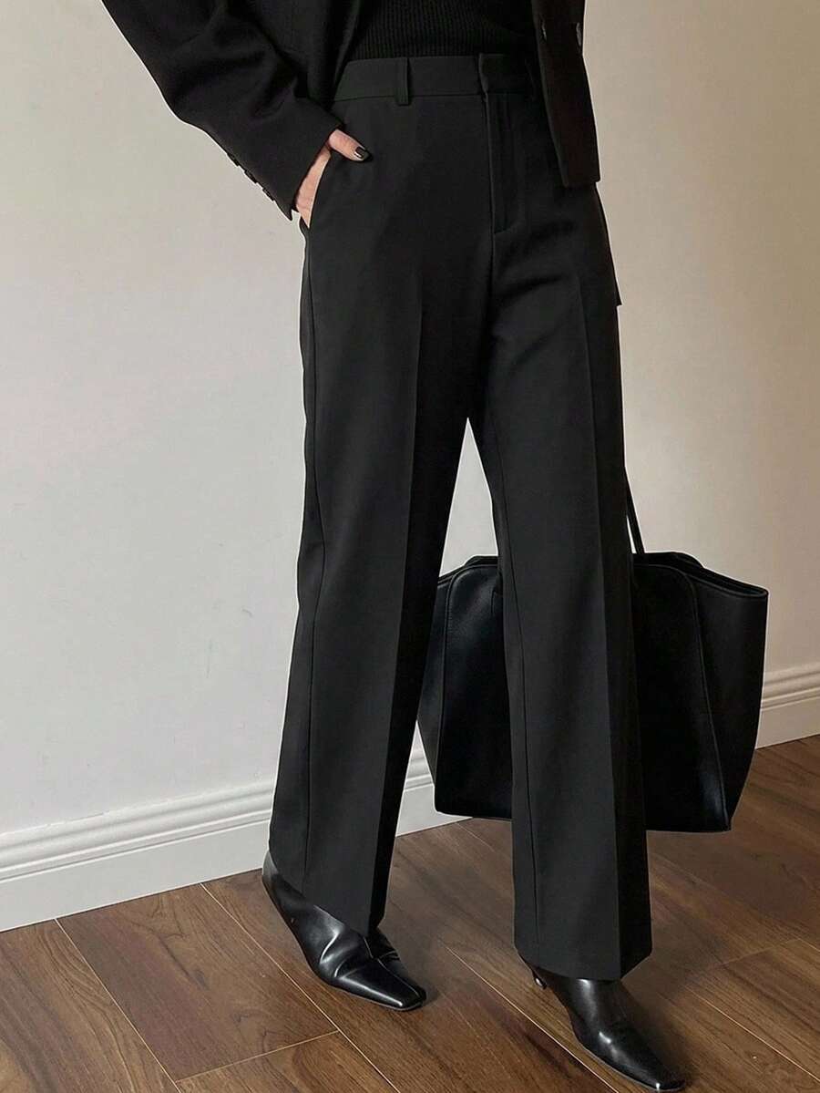 DAZY Casual Business Style Solid Color Straight Leg Pants,Women Dress Pants Low Rise - Black - View 1
