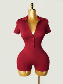 Mistrie Women's Solid Color Casual Daily Short Sleeve Romper - Hot Pink - View 5