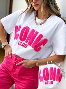 DrmWander Plus Size Women's Letter Towel Embroidery Round Neck Short Sleeve Casual T-Shirt - White - View 1