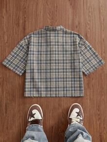 SWAVVY 男士格紋刺繡單排扣短袖時尚百搭襯衫 - 藍色 - 查看 2
