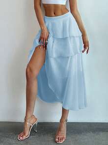 Firerie Layered Ruffle Hem Flared Skirt - Baby Blue - View 6