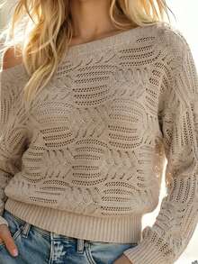 Balvessa Spring Summer Autumn Winter All Season New Wide Neckline Shoulder-Connected Sleeve Ribbed Cuff Pattern Hollow-Out Fashion Casual Women's Pullover Long Sleeve Sweater - Apricot - View 4