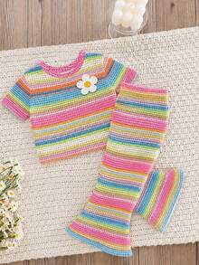 Young Girl Casual Simple Cartoon Print Round Neck Short Sleeve Top And Flare Pants 2-Piece Set Suitable For Summer - Multicolor - View 3