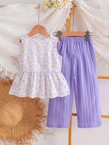 SHEIN Elladie kids 女童新款清新田園風細碎花兩件套，粉色蝴蝶結裝飾無袖背心上衣 + 粉色紋理布料寬腿長褲，甜美可愛時尚日常穿搭，夏季 - 紫色 - 查看 3