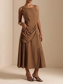 Vesra Women's Summer Elegant Solid Color Sleeveless Midi Dress - Brown - View 3