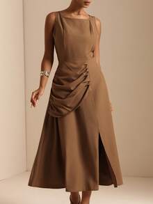 Vesra Women's Summer Elegant Solid Color Sleeveless Midi Dress - Brown - View 5