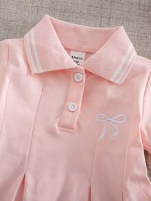 SHEIN 新生兒夏季百搭簡約可愛蝴蝶結刺繡粉色洋裝 - 粉色 - 查看 6