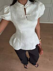 Siren Gaze Women's Jacquard Frog Button Design Short Puff Sleeve Elegant French Blouse Wedding Dinner Date Date Night Party White Summer - Apricot - View 8