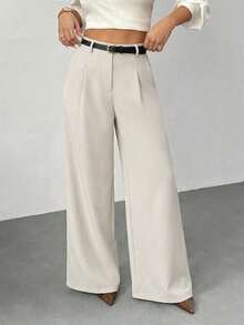 SHEIN PETITE Women's Black Solid Color Wide Leg Pants With Belt, Casual Wide Leg Trousers Suitable For Petite - Apricot - View 3