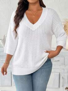 SHEIN CURVE+ Plus Size Casual Hollow V-Neck Mid-Sleeve Pullover Sweater - White - View 1