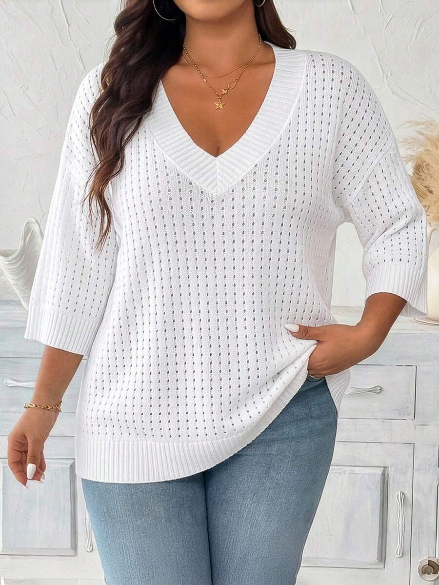 SHEIN CURVE+ Plus Size Casual Hollow V-Neck Mid-Sleeve Pullover Sweater - White - View 1