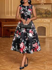 SHEIN Lady Elegantes romantisches Damenkleid mit Blumenmuster, tailliert, Rundhalsausschnitt, für Hochzeit, Cocktail, Teegartenparty, Gartenparty, Barparty, Rot und Schwarz, Sommer - Schwarz - Übersicht 1