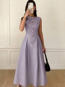 Solavon Stylish Striped Maxi Dress For Women Pleated A Line Sleeveless Design Perfect For Spring And Summer Outfits - Purple - View 7