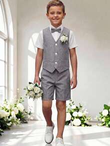 SHEIN 3 pezzi Set completo da gentiluomo per ragazzi pre-adolescenti, camicia polo bianca, gilet e pantaloni eleganti per casa, uscita, festa, celebrazione, evento serale, esibizione, matrimonio, elegante, ospite di matrimonio, paggio, portatore di anelli, matrimonio - Grigio Scuro - Visualizzare 4