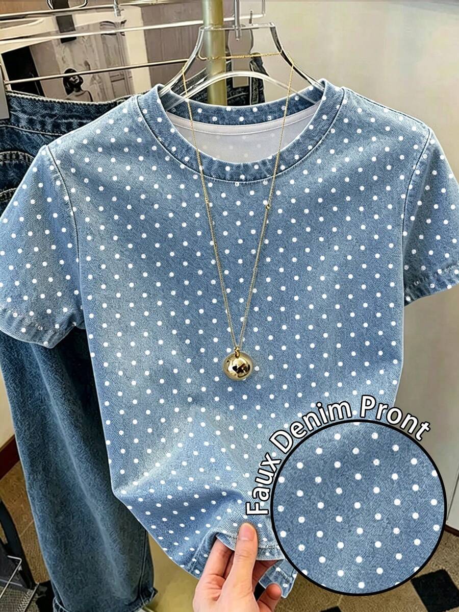 Resyla White Polka Dot Faux Denim Short-Sleeve T-Shirt For Women, New Summer Round-Neck Regular Shoulder Cr - Blue - View 1