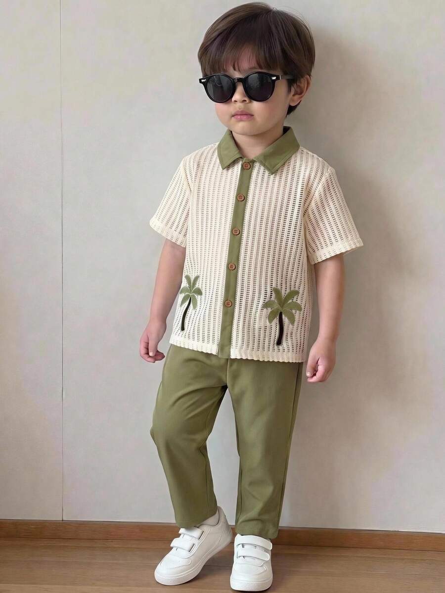 SHEIN 2pcs/Set Setelan Anak Laki-Laki Musim Panas Kemeja Lengan Pendek & Celana Panjang Hijau, Pakaian Liburan, Setelan Musim Panas, Setelan Anak Laki-Laki, Setelan Liburan, Setelan Hijau - MultiWarna - View 1