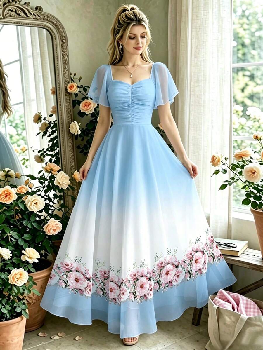 Modelyn 花卉粉色與白色漸層印花女款長洋裝,時尚方領百褶設計搭配飄逸袖,夏季收腰優雅雪紡花卉洋裝,適合夏季度假與日常穿著 - 彩色 - 查看 1