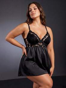 SHEIN Plus Size Charismatic Leading Lady Series Embroidered Patchwork Shiny Satin Drawstring Design Underwire Lingerie Dress - Black - View 4