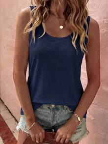 SHEIN Holidaya Women's Solid Color Casual Versatile Daily Wear Top - Blue - View 3