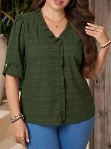 Linhara CURVE Women's Plus Size Casual V-Neck Top, Summer Outing Blouse - Army Green - View 4