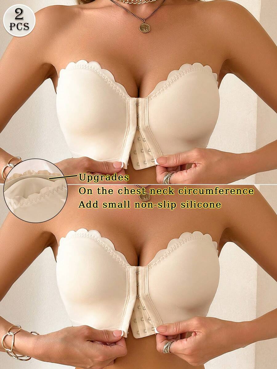 SHEIN Apricot Women's Bra Set, Front Closure Wavy Edge Push-Up Removable Padded Cups, 2pcs - Apricot - View 1