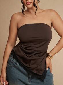 SHEIN BAE CURVE Plus Size Women's Brown Lace Tube Top , Tight Ruched Asymmetrical Design Hem Top, Summer, 4th Of July - Brown - View 8