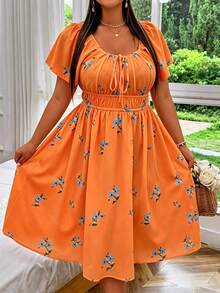 SHEIN MOOSTA Plus Size Women's Floral Print Pleated Elegant Waist-Cinched Date Party Dress - Orange - View 5