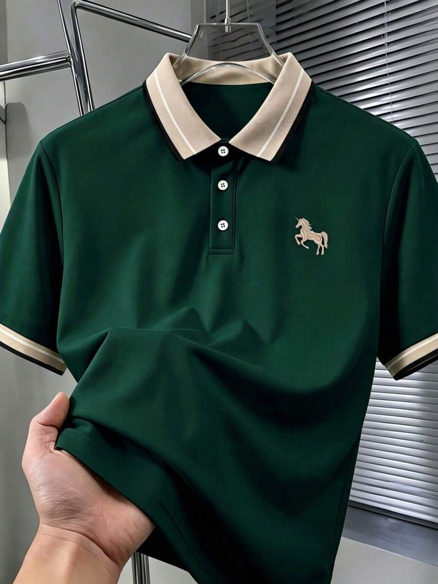 Calvornis Men's Ribbed Collar Embroidered Short Sleeve Casual Polo Shirt, Formal - Dark Green - View 1