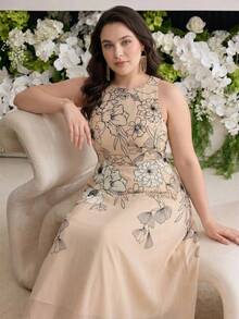 MOTF PREMIUM PLUS SIZE WOMEN SPRING SUMMER FLORAL PRINT FLARE HEM DRESS - Khaki - View 3