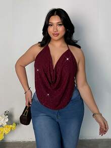 Firerie Plus Size Women's Solid Color Shiny Draped Neck Tank Top Party Burgundy Summer Sexy - Burgundy - View 3