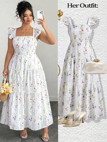 SHEIN Clasi Vestido Casual de Primavera para Saída, Chá da Tarde, Cintura Marcada, Estampa Floral Elegante, Resort Praia, Tamanhos Grandes para Mulheres - Branco - Visão 2