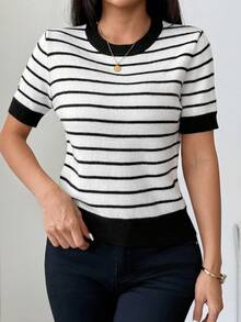 SHEIN 女款優雅拼色條紋短袖針織上衣，春夏秋休閒通勤上衣 - 彩色 - 查看 7