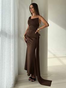 Aloruh Damen Sexy Eng Anliegendes Braunes Asymmetrisches Cowl-Neck Rückenfreies Satin-Partykleid - Kaffeebraun - Übersicht 6