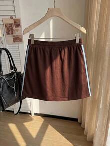 Comfortcana Damen Große Größen Lässig Vintage Amerikanischer Sportlicher Stil Seitenstreifen Braun Strickrock, Elastischer Bund Rock - Braun - Übersicht 4