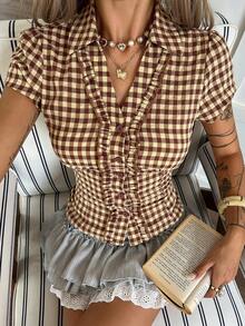 DAZY Women's Vintage Sweet Brown & Beige Plaid Collared Puff Short Sleeve Button-Up Cardigan Blouse With Ruffle Trim, Cinched Waist, Slim Fit Cute Tops - Brown - View 7