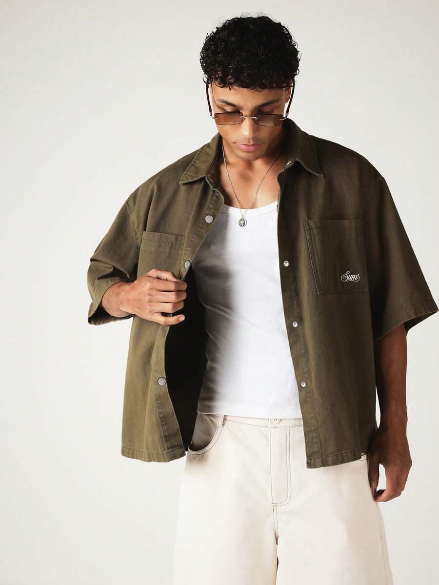 SUMWON Sunc Boxy Fit Short Sleeve Twill Overshirt With Chest Pockets And Snap Buttons Summer Casual - Green - View 1