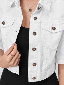 SHEIN PETITE 女款素色前扣休閒短袖牛仔外套 - 白色 - 查看 8
