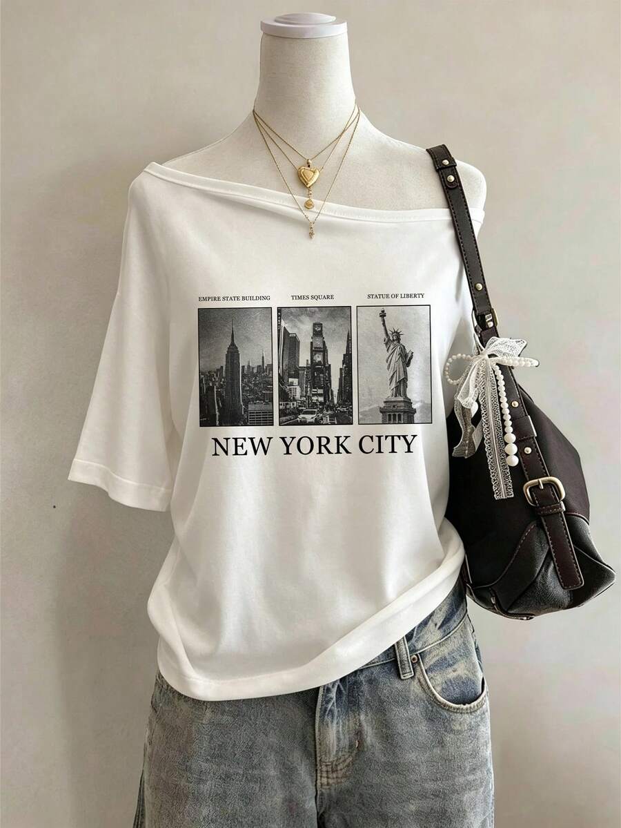 Lalippa NEW YORK 圖案印花時尚極簡女款圓領T恤,送給朋友的禮物 - 白色 - 查看 1