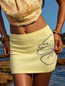 Opulessa Women's Floral Pattern Casual Tropical Versatile Date Beach Vacation Outing Knit Midi Skirt Pastel Yellow Summer - Yellow - View 3