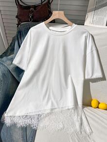 Comfortcana Plus Size Asymmetrical Hem Lace Loose T-Shirt Date Night Evening Birthday All White Summer Elegant Frenchy - White - View 13