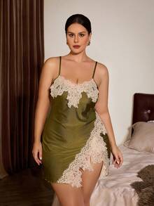 Slumberist Women's Plus Size Contrast Color Sexy Lace Patchwork Slim Fit Side Slit Short Camisole Nightgown - Multicolor - View 6